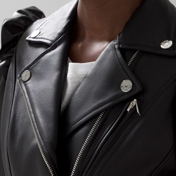 WHBM $500 Genuine Leather Motorcycle Moto Jacket Ruffled Shoulders M - Picture 11 of 12